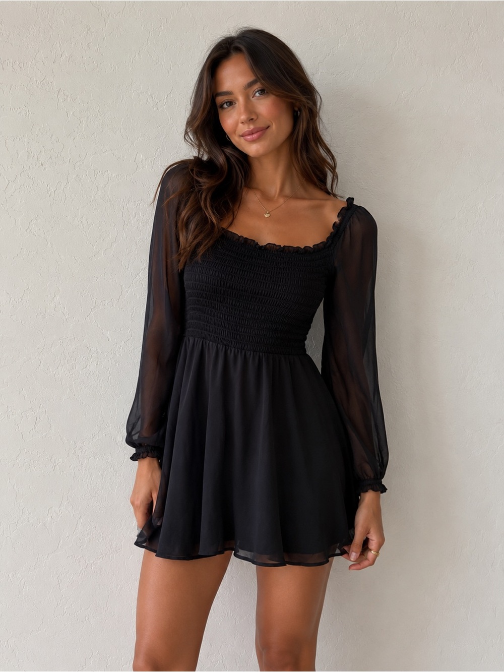 REFORMATION Black Long Sleeve Smocked Mini Dress Size 0 Romantic Cottagecore